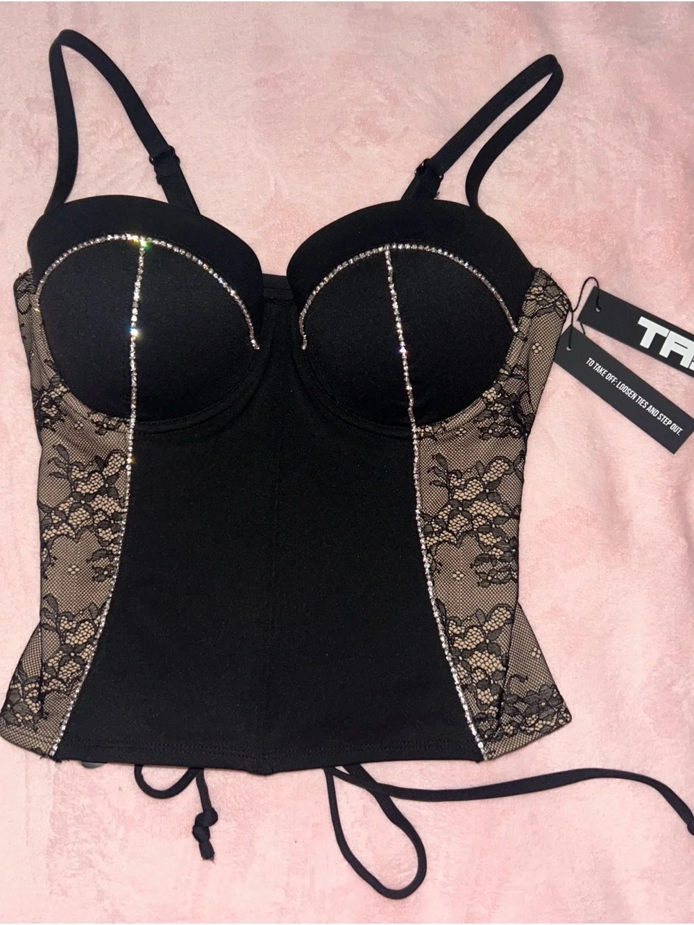 TA3 Black Lace Rhinestone Bustier Top - Picture 2 of 10